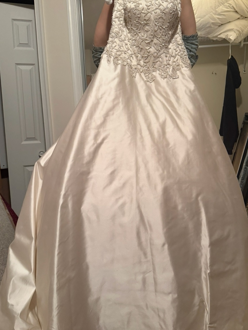 Elegant Cream Satin Ball Gown Dress with Beaded Bodice Amelia Casablanca